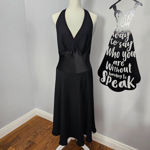 Jones New York Noir Halter Black Silk Waist Midi Party Cocktail Dress - Picture 2 of 11